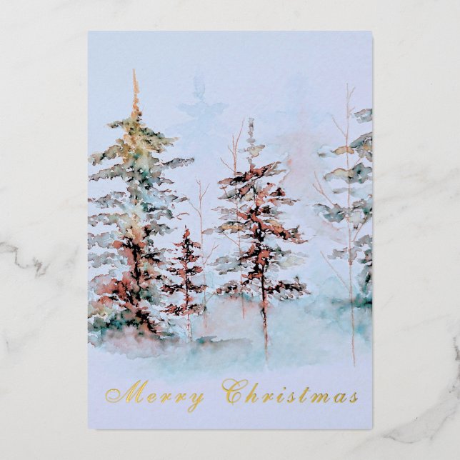 Tarjeta Festiva Con Relieve Metalizado Elegante acuarela Pine Forest Feliz Navidad (Anverso)