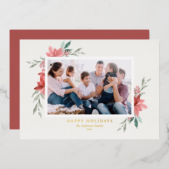 Tarjeta Festiva Con Relieve Metalizado Elegante acuarela Red Poinsettias Felices Fiestas (Anverso/Reverso)