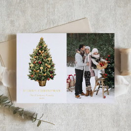 Tarjeta Festiva Con Relieve Metalizado Elegante acuarela Vintage Christmas Tree Photo