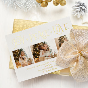 Tarjeta Festiva Con Relieve Metalizado Elegante Alegría Paz Amor Script 3-Foto