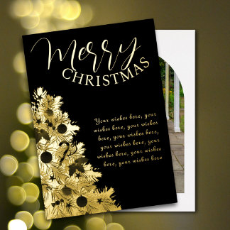 Tarjeta Festiva Con Relieve Metalizado Elegante árbol de caligrafía familiar en foto negr
