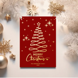 Tarjeta Festiva Con Relieve Metalizado Elegante árbol de Navidad con cinta roja y dorada 
