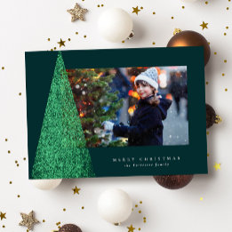Tarjeta Festiva Con Relieve Metalizado Elegante árbol de Navidad moderno una foto verde d