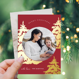 Tarjeta Festiva Con Relieve Metalizado Elegante Árbol de Navidad Rojo Dos Fiestas de Foto