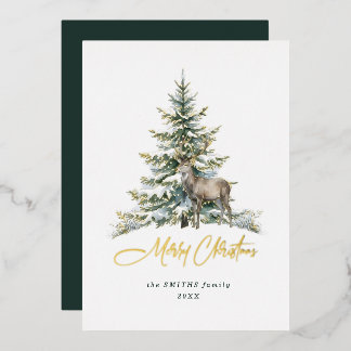 Tarjeta Festiva Con Relieve Metalizado Elegante árbol de Navidad y ciervo acuarela sin fo