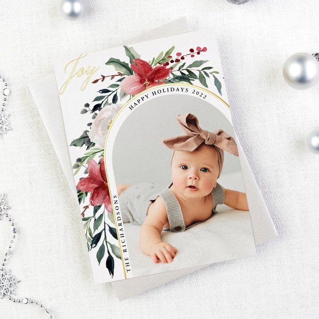 Tarjeta Festiva Con Relieve Metalizado Elegante arco floral y foto (Subido por el creador)