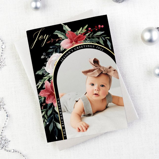 Tarjeta Festiva Con Relieve Metalizado Elegante arco floral y foto (Subido por el creador)