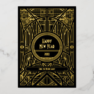 Tarjeta Festiva Con Relieve Metalizado Elegante arte deco retro Feliz Año Nuevo