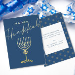 Tarjeta Festiva Con Relieve Metalizado Elegante Blue Happy Hanukkah Menorah Gold<br><div class="desc">Una simple pero elegante tarjeta plana Hanukkah azul oscuro con "Happy Hanukkah" en una tipografía complementaria de Relieve metalizado dorado, que incluye tanto un tipo de letra clásico, en negrita y un atractivo tipo de letra manuscrita que se extiende a través de la tarjeta. Debajo se muestra una elegante menorah...</div>