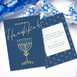 Tarjeta Festiva Con Relieve Metalizado Elegante Blue Happy Hanukkah Menorah Gold