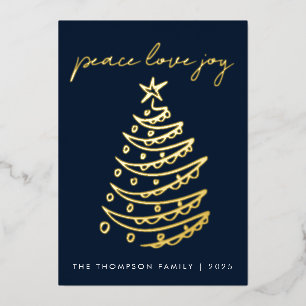 Tarjeta Festiva Con Relieve Metalizado Elegante Blue Peace Love Joy Gold