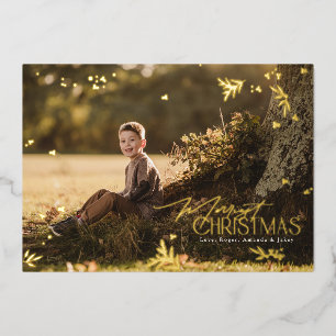 Tarjeta Festiva Con Relieve Metalizado Elegante Botánico Feliz Navidad Foto Plana Oro