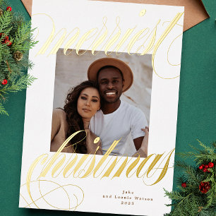 Tarjeta Festiva Con Relieve Metalizado elegante caligrafía de navidad más alegre foto dor