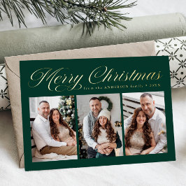 Tarjeta Festiva Con Relieve Metalizado Elegante caligrafía navideña verde 3 foto