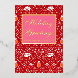 Tarjeta Festiva Con Relieve Metalizado Elegante clásico rojo rosa