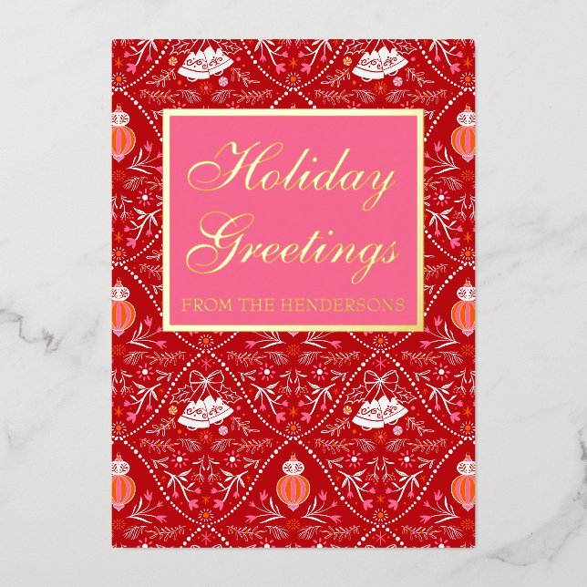 Tarjeta Festiva Con Relieve Metalizado Elegante clásico rojo rosa (Anverso)