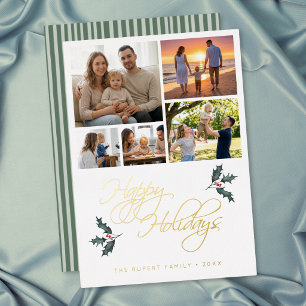 Tarjeta Festiva Con Relieve Metalizado Elegante Colage de Fotos de Acebo Modernas Felices