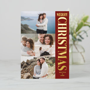 Tarjeta Festiva Con Relieve Metalizado Elegante Colage de Fotos Rojo y Dorado Feliz Navid