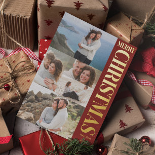 Tarjeta Festiva Con Relieve Metalizado Elegante Colage de Fotos Rojo y Dorado Feliz Navid