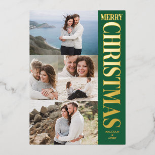 Tarjeta Festiva Con Relieve Metalizado Elegante Colage de Fotos Verde Dorado Feliz Navida