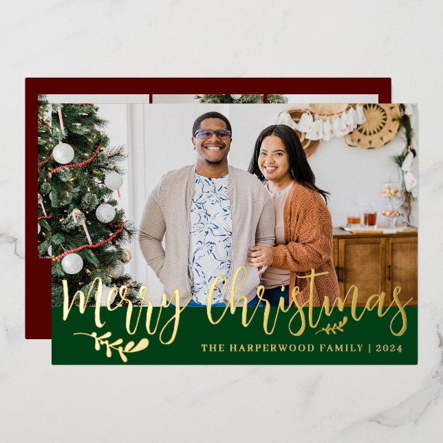 Tarjeta Festiva Con Relieve Metalizado Elegante Collage de fotos de familia de Navidades  (Anverso/Reverso)