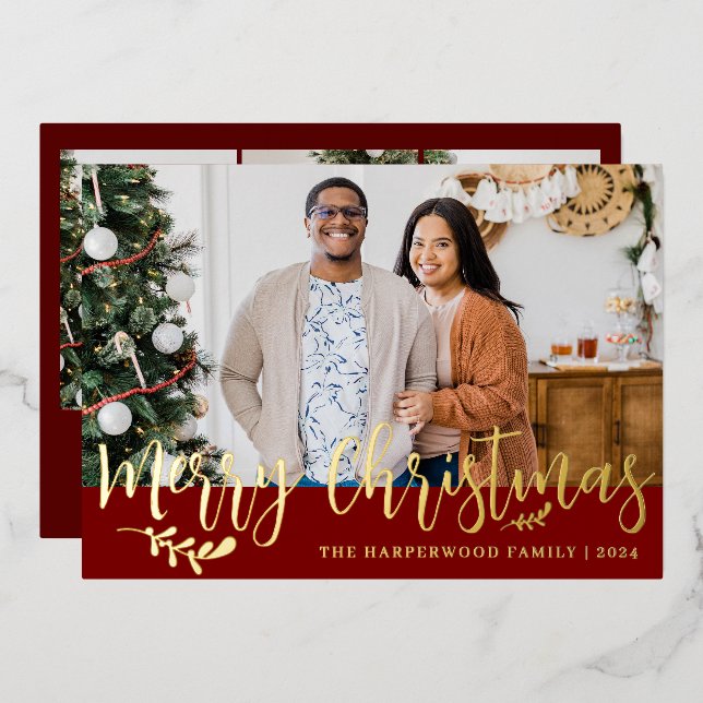 Tarjeta Festiva Con Relieve Metalizado Elegante Collage de fotos de familia de Navidades  (Anverso/Reverso)