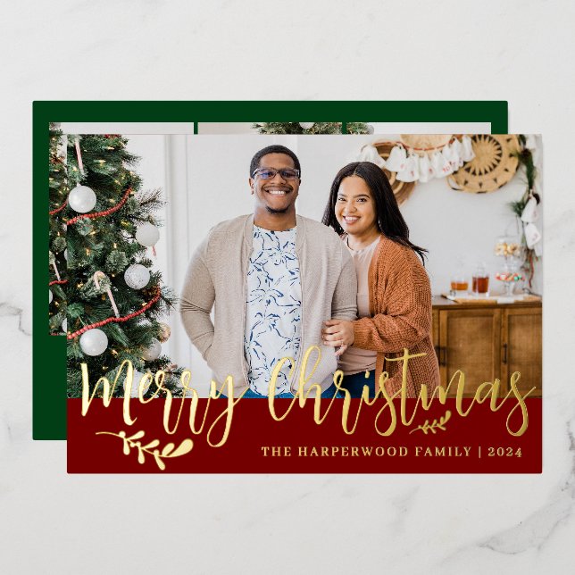 Tarjeta Festiva Con Relieve Metalizado Elegante Collage de fotos de familia de Navidades  (Anverso/Reverso)