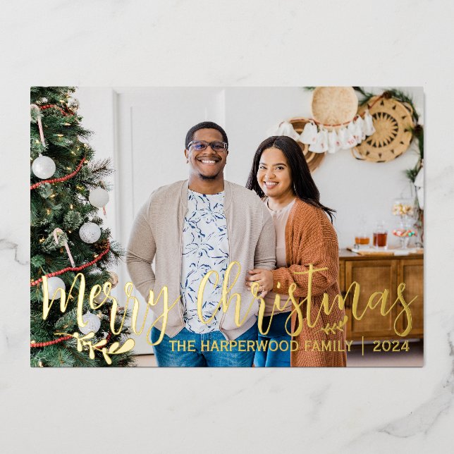 Tarjeta Festiva Con Relieve Metalizado Elegante Collage de fotos de familia de Navidades  (Anverso)