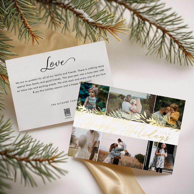 Tarjeta Festiva Con Relieve Metalizado Elegante Collage de la familia Foliage 6 Photo Win (legant Winter Foliage 6 Photo Family Collage Foil Holiday Card)
