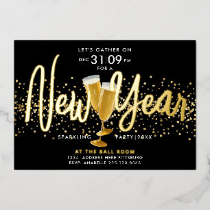 Tarjeta Festiva Con Relieve Metalizado Elegante Confeti de Champán de Año Nuevo Moderno N
