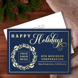 Tarjeta Festiva Con Relieve Metalizado Elegante Corona de Logotipo Felices Fiestas Empres