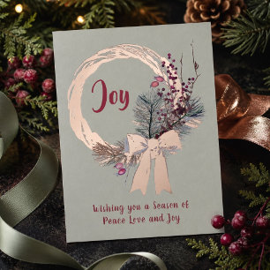 Tarjeta Festiva Con Relieve Metalizado Elegante Corona de Navidad Joy Navidad Rosa Dorada