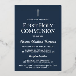 Tarjeta Festiva Con Relieve Metalizado Elegante cruz de plata azul Primera Comunión Santa