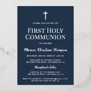 Tarjeta Festiva Con Relieve Metalizado Elegante cruz de plata azul Primera Comunión Santa