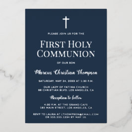 Tarjeta Festiva Con Relieve Metalizado Elegante cruz de plata azul Primera Comunión Santa