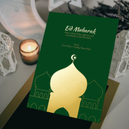 Tarjeta Festiva Con Relieve Metalizado Elegante Cúpula de Oro | Verde Oscuro Islámico
