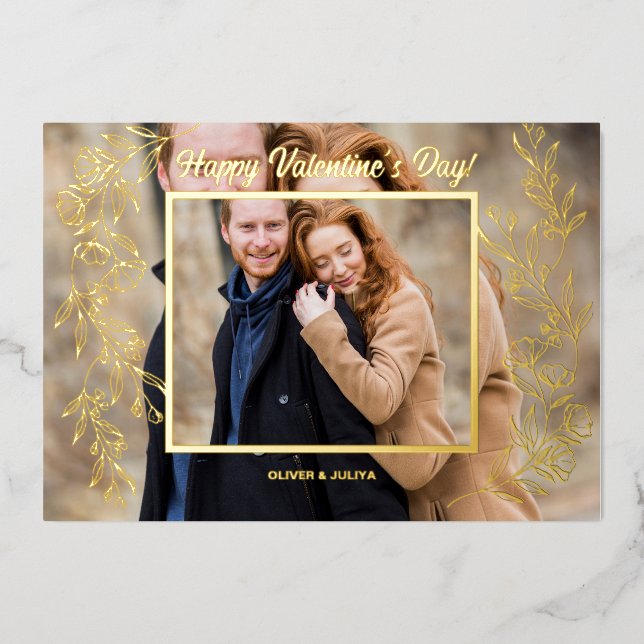 Tarjeta Festiva Con Relieve Metalizado Elegante Día de San Valentín Script Photo (Anverso)