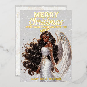 Tarjeta Festiva Con Relieve Metalizado Elegante Diosa Ángel Afroamericana Espiritual