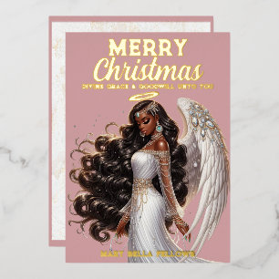 Tarjeta Festiva Con Relieve Metalizado Elegante Diosa Ángel Afroamericana Espiritual