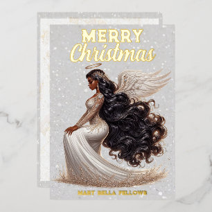 Tarjeta Festiva Con Relieve Metalizado Elegante Diosa Ángel Afroamericana Espiritual