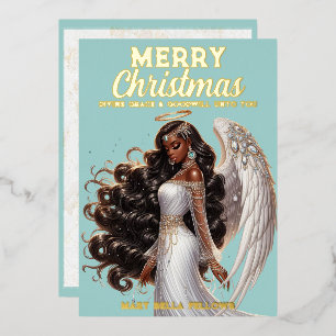 Tarjeta Festiva Con Relieve Metalizado Elegante Diosa Ángel Afroamericana Espiritual