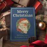 Tarjeta Festiva Con Relieve Metalizado Elegante estilo vintage Santa Merry Navidad Gold<br><div class="desc">Elegantes Navidades de estilo vintage con Relieve metalizado de oro real y una corona con cara de Santa. Presenta un fondo azul marino y todo el texto es editable.</div>