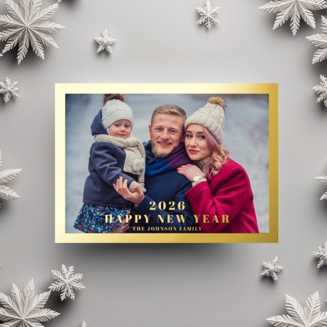Tarjeta Festiva Con Relieve Metalizado Elegante Feliz Año Nuevo Foto Oro (Elegant Happy New Year Photo Gold Foil Holiday Card)