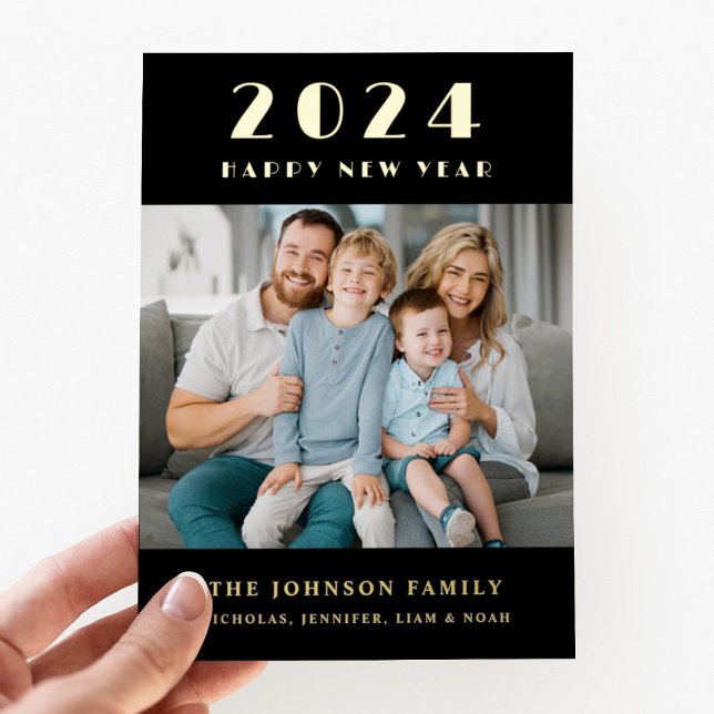 Tarjeta Festiva Con Relieve Metalizado Elegante Feliz Año Nuevo Foto Oro (Happy New Year 2024 Photo Gold Foil Holiday Card)
