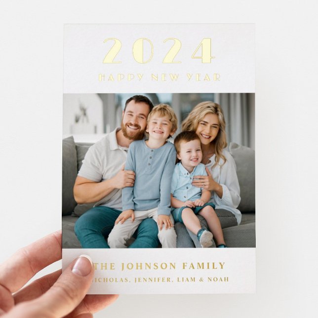 Tarjeta Festiva Con Relieve Metalizado Elegante Feliz Año Nuevo Foto Oro (Happy New Year Photo Gold Foil Holiday Card)