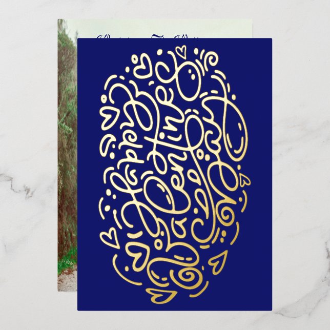 Tarjeta Festiva Con Relieve Metalizado Elegante Feliz Día de San Valentín |Azul oscuro Un (Anverso/Reverso)