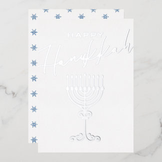 Tarjeta Festiva Con Relieve Metalizado Elegante Feliz Hanukkah Menorah Silver