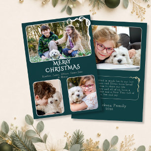 Tarjeta Festiva Con Relieve Metalizado Elegante Feliz Navidad 4 Foto Lazo Azul Turquesa y