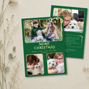 Tarjeta Festiva Con Relieve Metalizado Elegante Feliz Navidad 4 Foto Lazo Verde y Dorado
