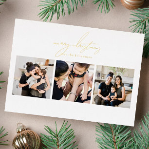 Tarjeta Festiva Con Relieve Metalizado Elegante FELIZ NAVIDAD Collage de 3 Fotos Escrito